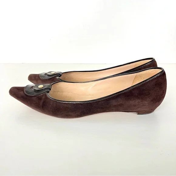 JIMMY CHOO Brown Suede w Leather Accent Close Pointy Toe Slip On Flats Sz 39 1/2